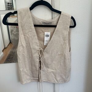 Abercrombie & Fitch Cream Tie-Front Linen Blend Crop Vest